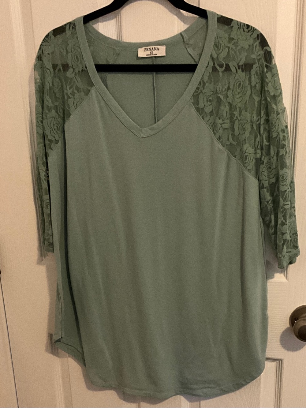 Zenana Outfitters Sage Green V-Neck Top with Lace Raglan Sleeves